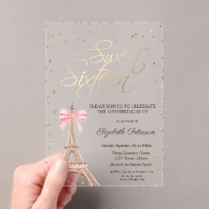 Eiffel Tower Bow Gold Diamonds Black Sweet 16  Acrylic Invitations