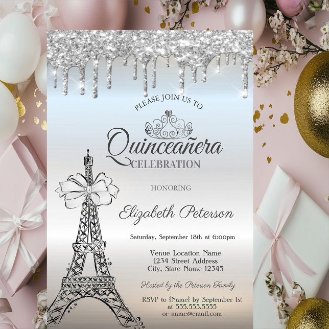 Eiffel Tower,Bow,Tiara,Drips Silver Quinceañera Invitation (Creator Uploaded)