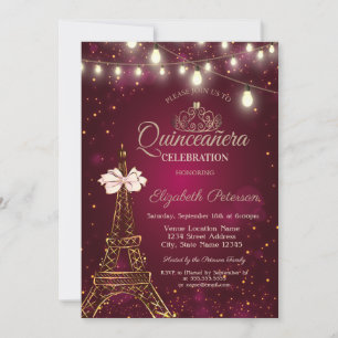Eiffel Tower,Bow,Tiara Lights Red Quinceañera Invitation