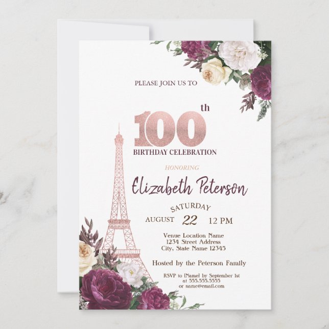Eiffel Tower Burgundy Flowers 100th Birthday Invitation (Front)