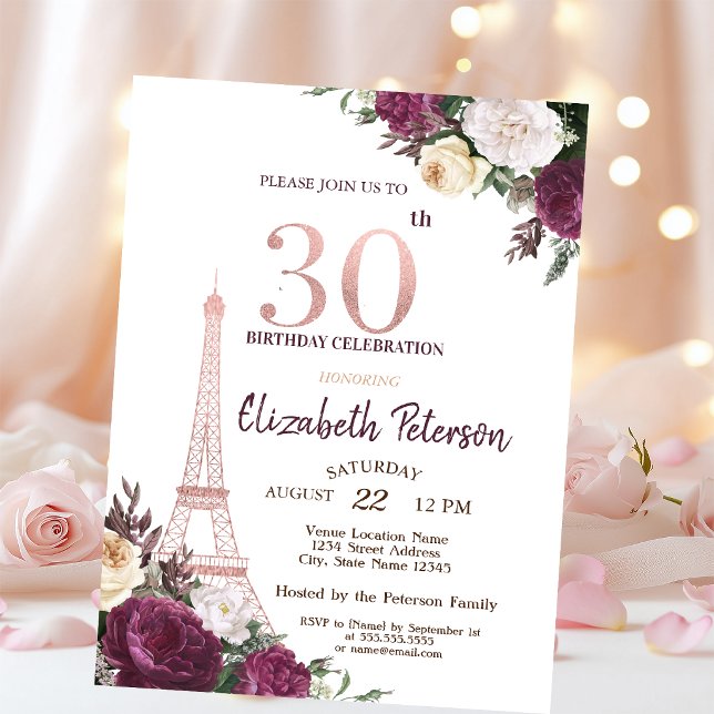 Eiffel Tower Burgundy Flowers 30th Birthday Invitation (Creator Uploaded)