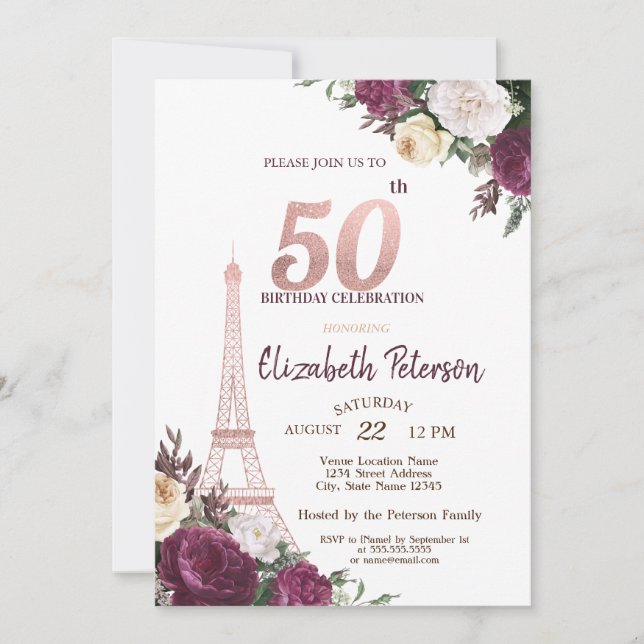 Eiffel Tower Burgundy Flowers 50th Birthday Invitation (Front)
