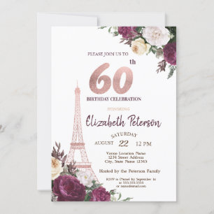Eiffel Tower Burgundy Flowers 60th Birthday Invitation