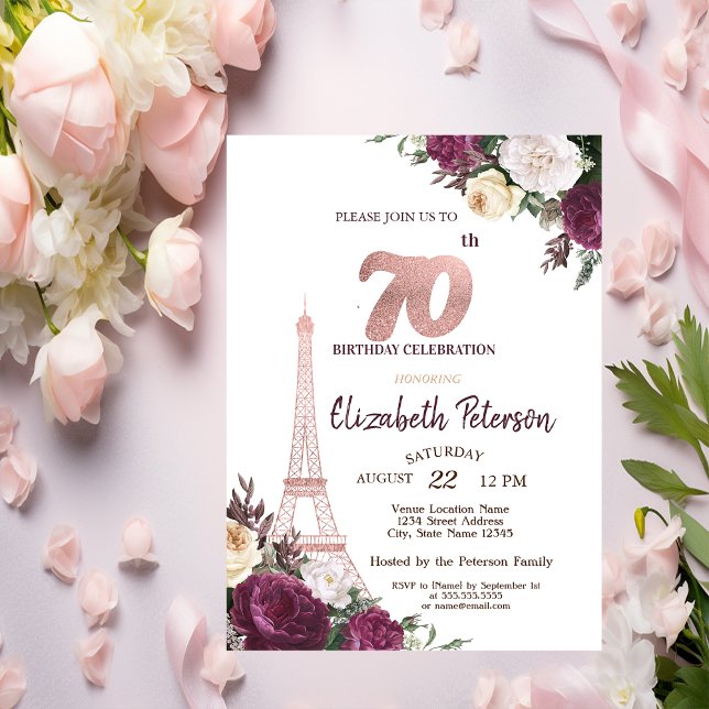 Eiffel Tower Burgundy Flowers 70th Birthday Invitation (Creator Uploaded)