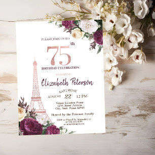 Eiffel Tower Burgundy Flowers 75th Birthday Invitation