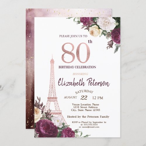 Eiffel Tower Burgundy Flowers 80th Birthday Invitation