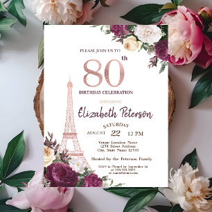Eiffel Tower Burgundy Flowers 80th Birthday Invitation