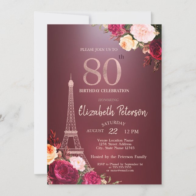 Eiffel Tower Burgundy Flowers Roses 80th Birthday Invitation (Front)