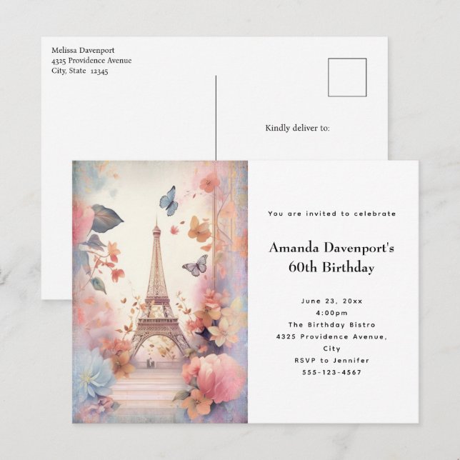 Eiffel Tower Butterflies and Flowers Birthday Invitation Postcard (Front/Back)