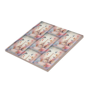 Eiffel Tower Butterflies and Flowers Ceramic Tile