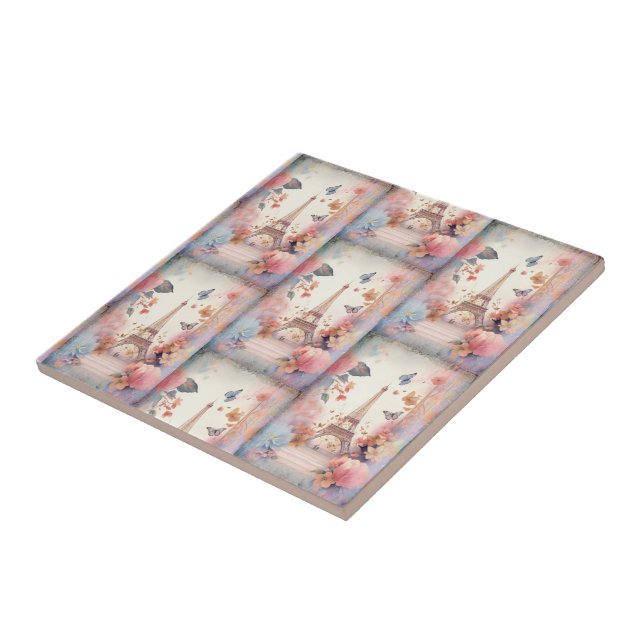 Eiffel Tower Butterflies and Flowers Ceramic Tile (Side)