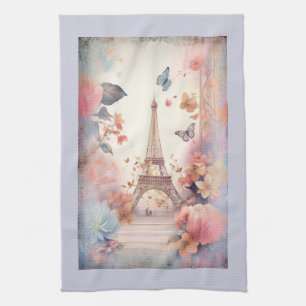 Eiffel Tower Butterflies and Flowers Kitchen Towel