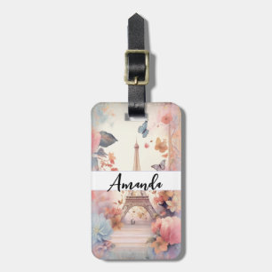Eiffel Tower Butterflies and Flowers Luggage Tag