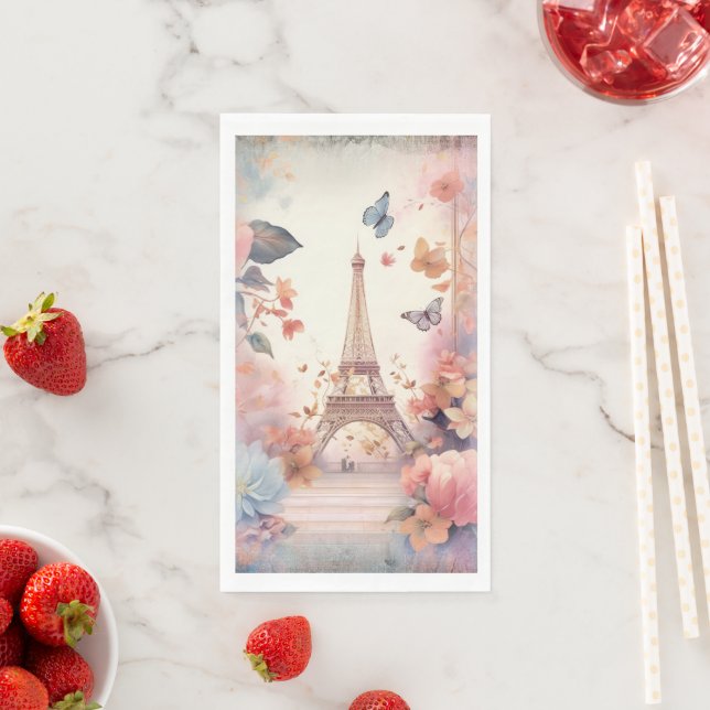 Eiffel Tower Butterflies and Flowers Paper Guest Towels (Insitu)