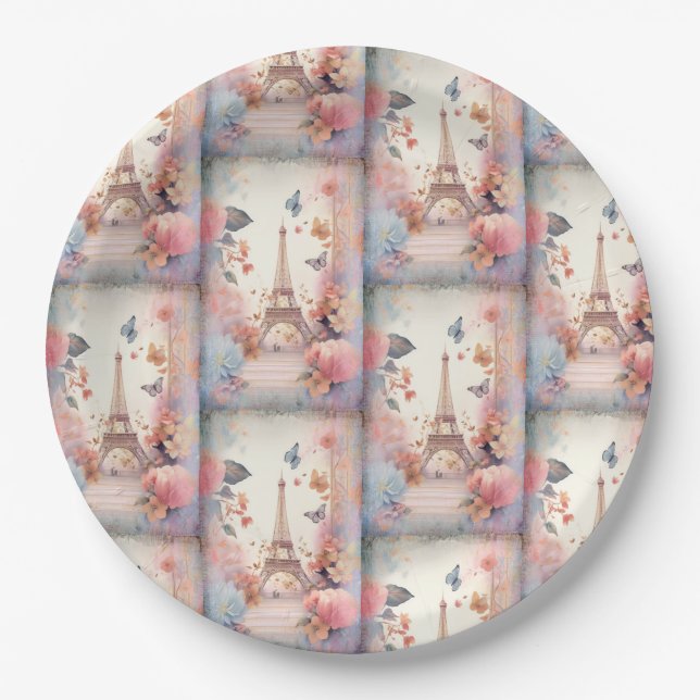 Eiffel Tower Butterflies and Flowers Paper Plates (Front)