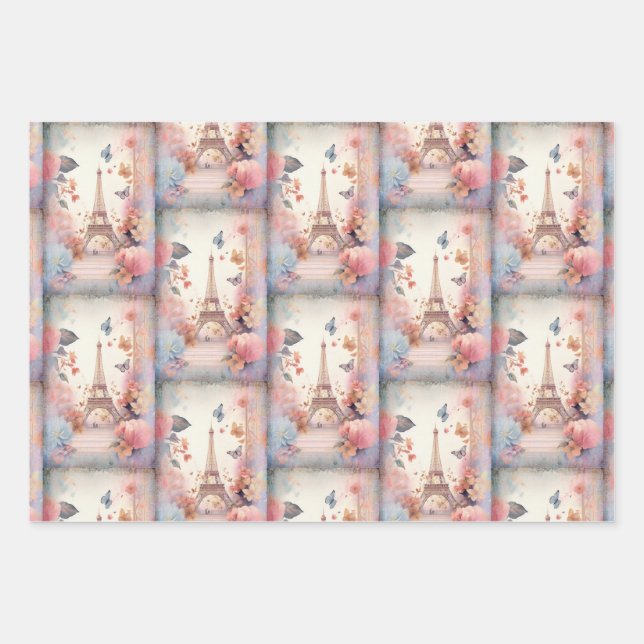 Eiffel Tower Butterflies and Flowers Pattern Wrapping Paper Sheets (Front 3)