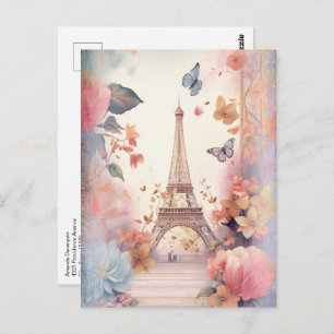 Eiffel Tower Butterflies and Flowers Postcard