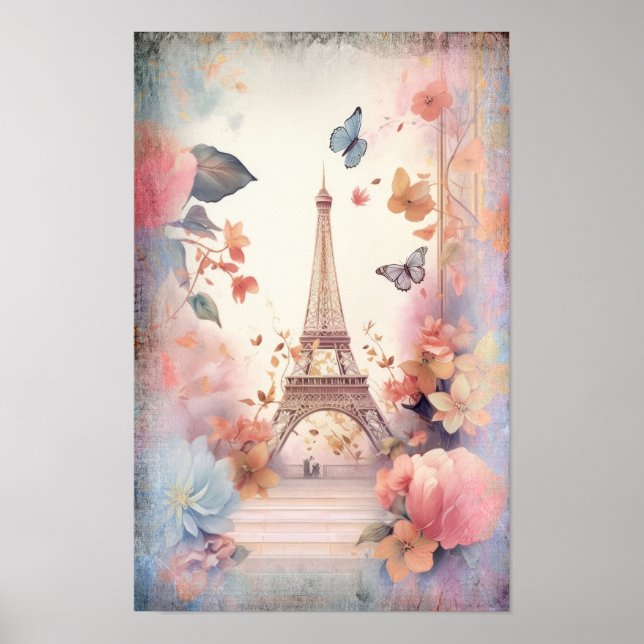 Eiffel Tower Butterflies and Flowers Poster (Front)