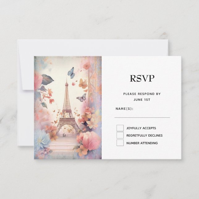 Eiffel Tower Butterflies and Flowers RSVP Card (Front)