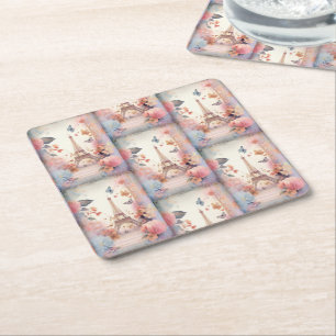 Eiffel Tower Butterflies and Flowers Square Paper Coaster