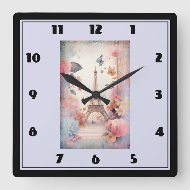 Eiffel Tower Butterflies and Flowers Square Wall Clock (Front)