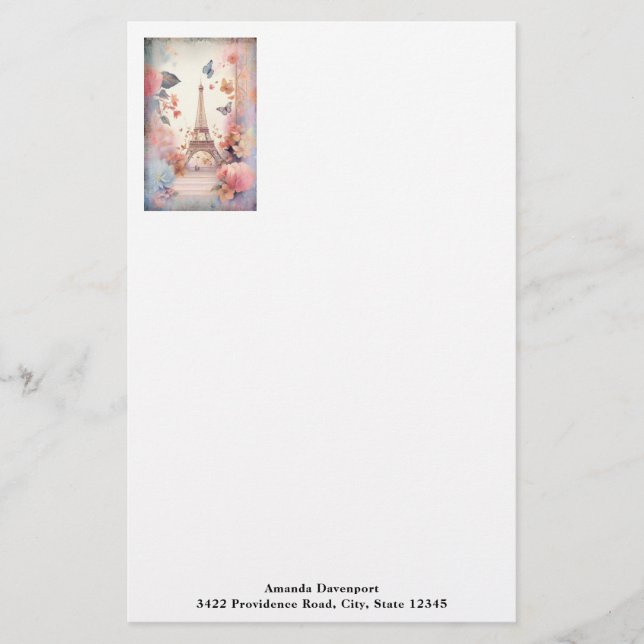 Eiffel Tower Butterflies and Flowers Stationery (Front)