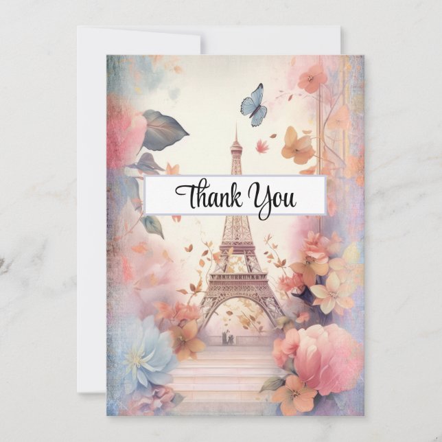 Eiffel Tower Butterflies and Flowers Thank You Card (Front)