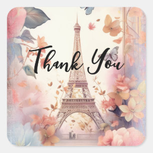 Eiffel Tower Butterflies and Flowers Thank You Square Sticker
