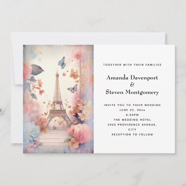 Eiffel Tower Butterflies and Flowers Wedding Invitation (Front)