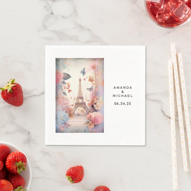 Eiffel Tower Butterflies and Flowers Wedding Napkins (Insitu)