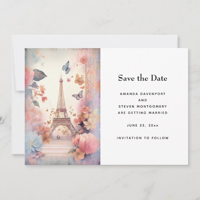 Eiffel Tower Butterflies and Flowers Wedding Save The Date (Front)