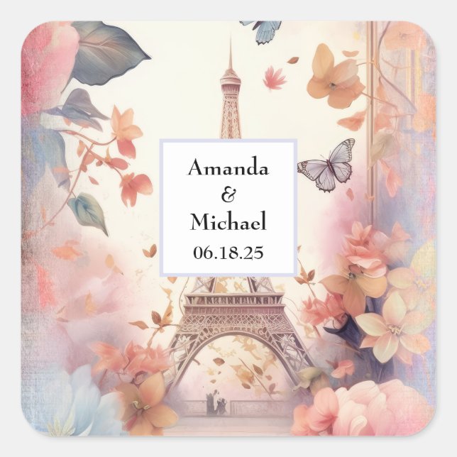 Eiffel Tower Butterflies and Flowers Wedding Square Sticker (Front)