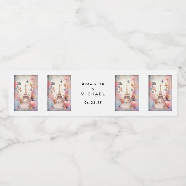 Eiffel Tower Butterflies and Flowers - Wedding Water Bottle Label (Single Label)