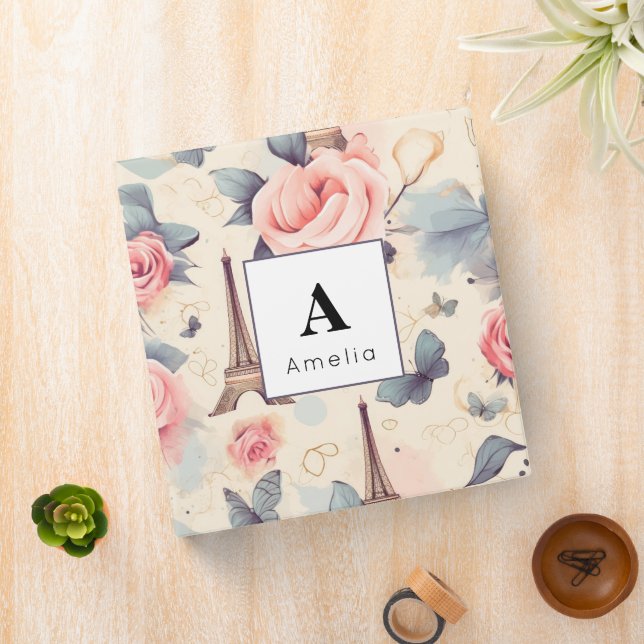 Eiffel Tower Butterfly and Roses Pattern 3 Ring Binder (In Situ)