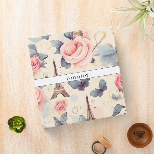 Eiffel Tower Butterfly and Roses Pattern 3 Ring Binder (In Situ)
