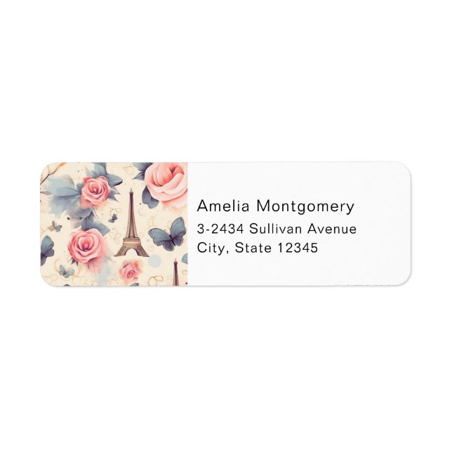 Eiffel Tower Butterfly and Roses Pattern - Address Label (Front)