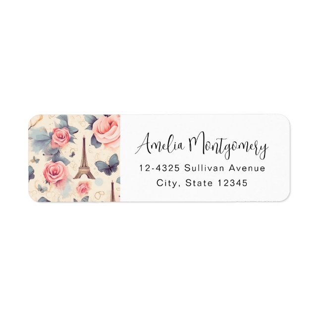 Eiffel Tower Butterfly and Roses Pattern - Address Label (Front)