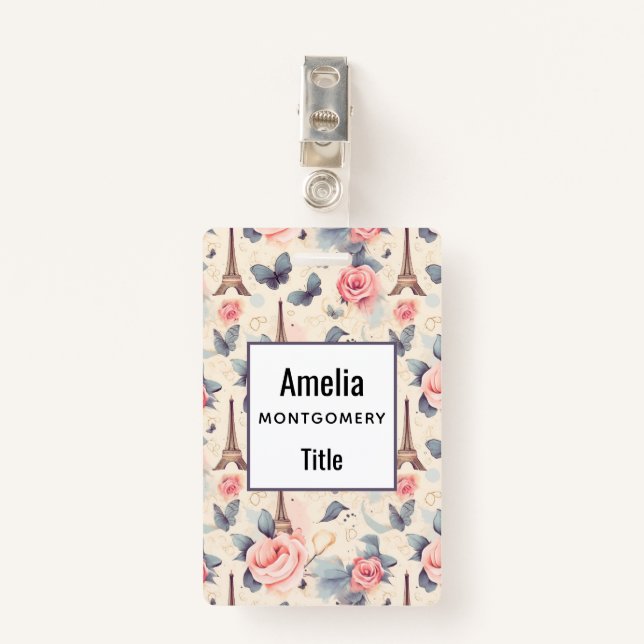 Eiffel Tower Butterfly and Roses Pattern Badge (Front with Clip)