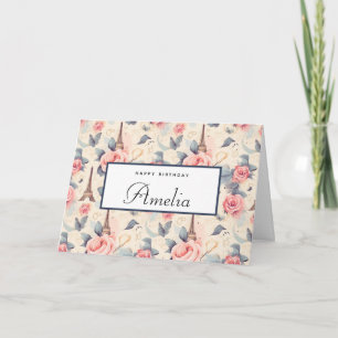 Eiffel Tower Butterfly and Roses Pattern Birthday Card