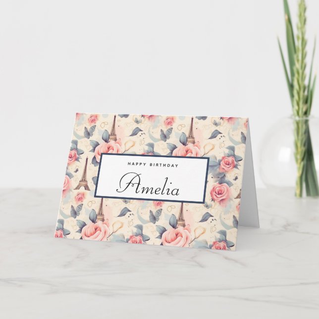  Eiffel Tower Butterfly and Roses Pattern Birthday Card (Front)