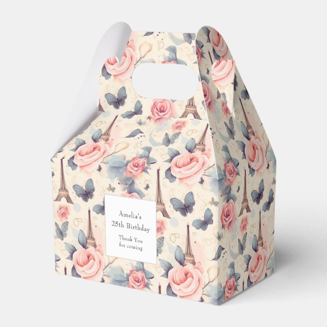 Eiffel Tower Butterfly and Roses Pattern Birthday Favor Boxes (Front Side)