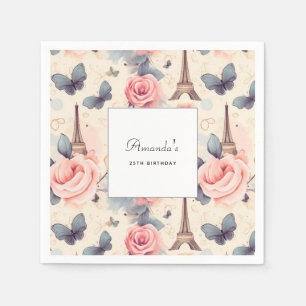 Eiffel Tower Butterfly and Roses Pattern Birthday Napkins