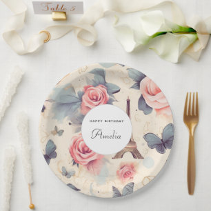 Eiffel Tower Butterfly and Roses Pattern Birthday Paper Plates