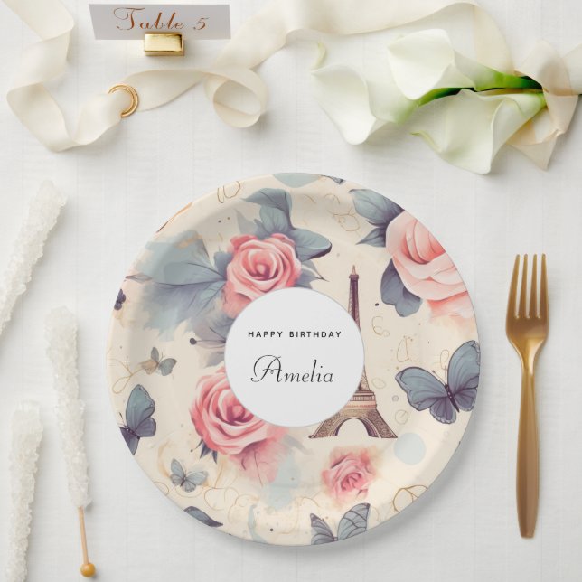Eiffel Tower Butterfly and Roses Pattern Birthday Paper Plates (Wedding)