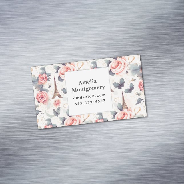 Eiffel Tower Butterfly and Roses Pattern Business Card Magnet (In Situ)