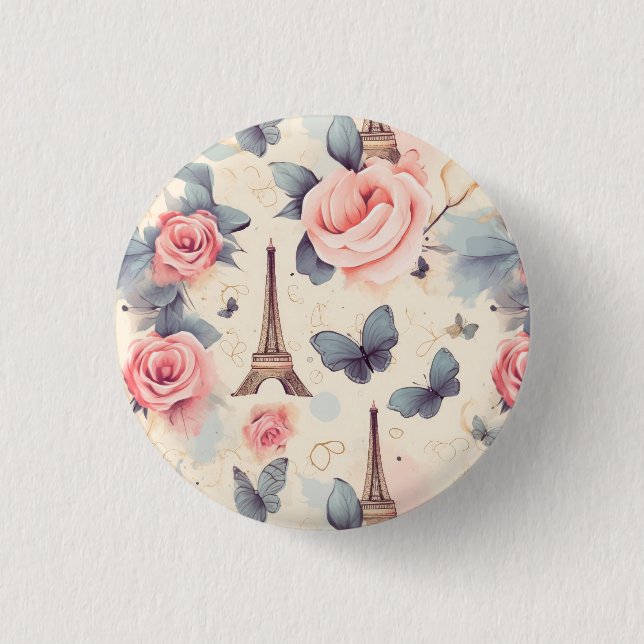 Eiffel Tower Butterfly and Roses Pattern Button (Front)