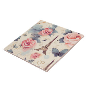 Eiffel Tower Butterfly and Roses Pattern Ceramic Tile