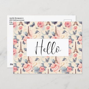 Eiffel Tower Butterfly and Roses Pattern Hello Postcard