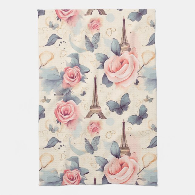 Eiffel Tower Butterfly and Roses Pattern Kitchen Towel (Vertical)