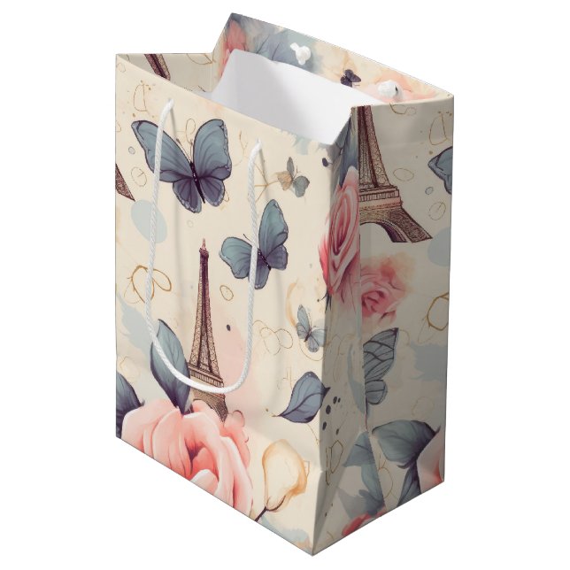 Eiffel Tower Butterfly and Roses Pattern Medium Gift Bag (Front Angled)